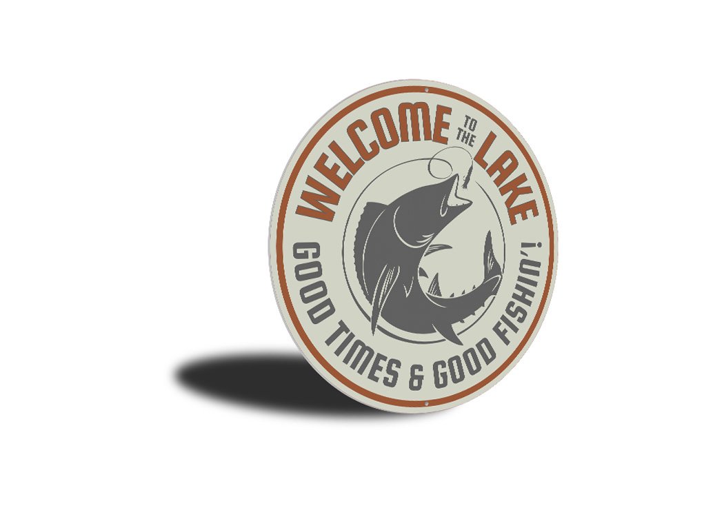 Good Times and Good Fishing Sign made of high-quality aluminum, featuring a rustic design perfect for lakehouses.