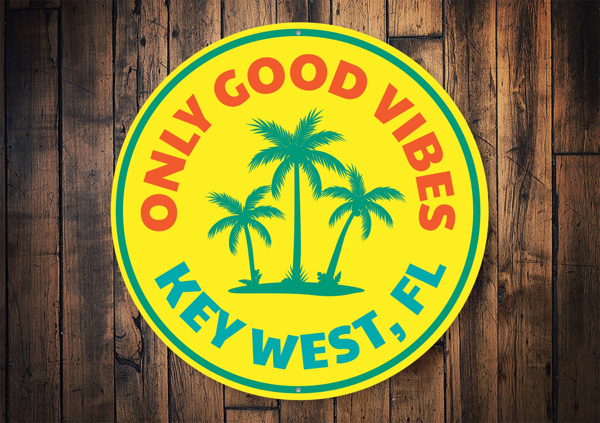 Good Vibes Key West Sign made of aluminum, featuring a beach-themed design, perfect for coastal decor.