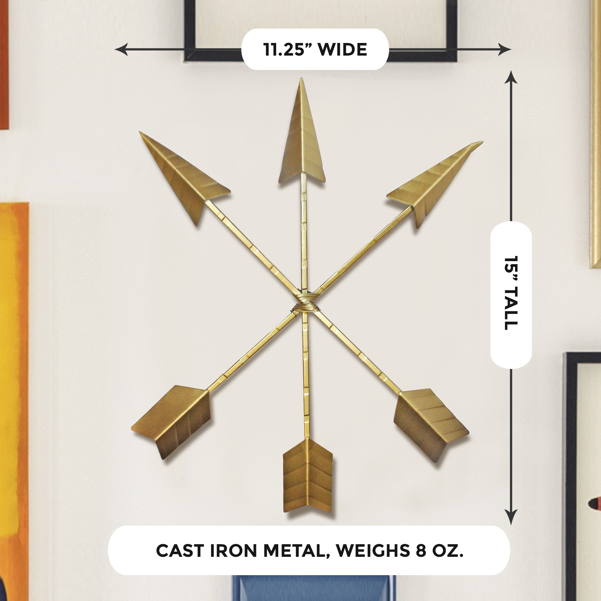 Three hand-painted gold arrows made of cast iron, each measuring 15 inches tall, arranged in a decorative display.