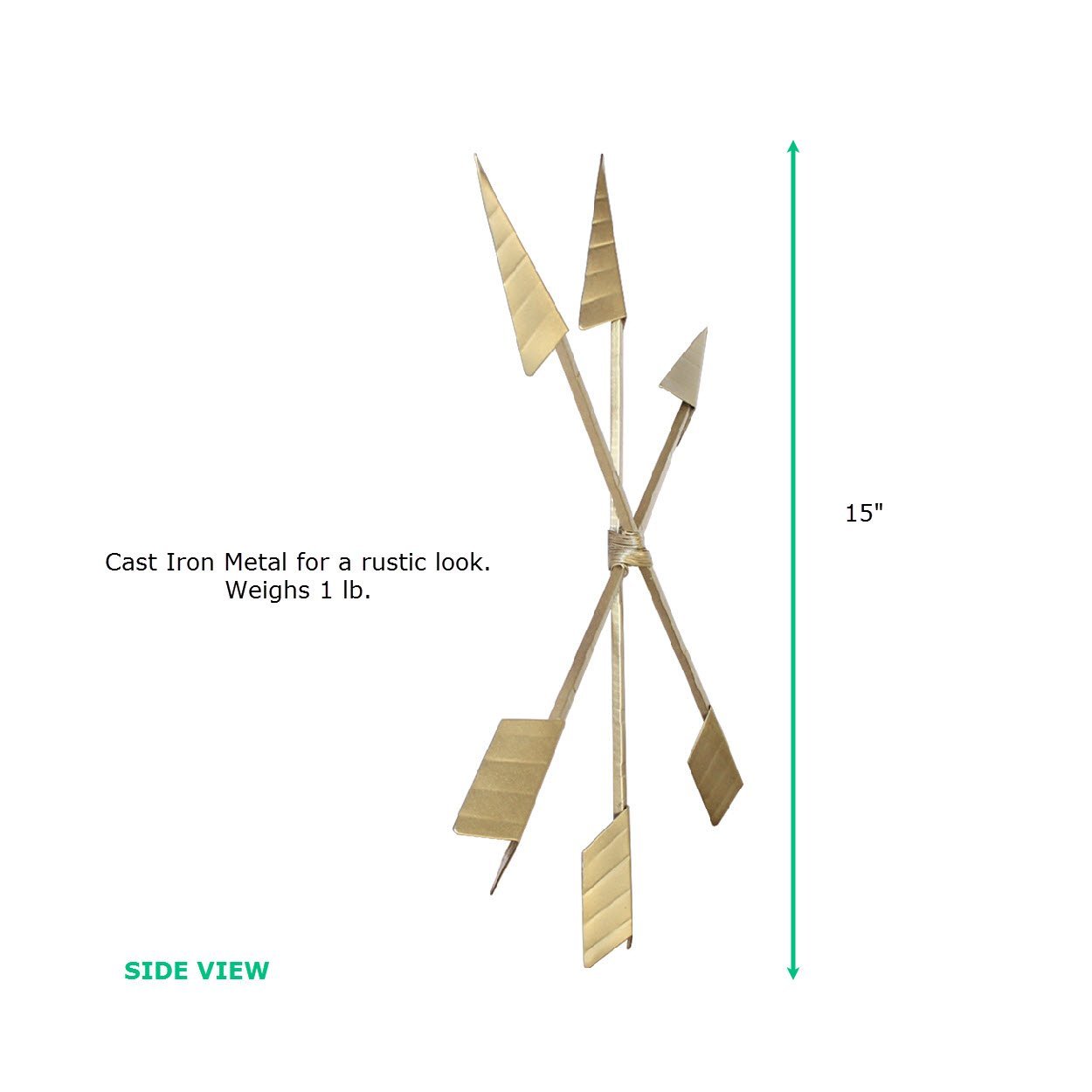 Three hand-painted gold arrows made of cast iron, each measuring 15 inches tall, arranged in a decorative display.