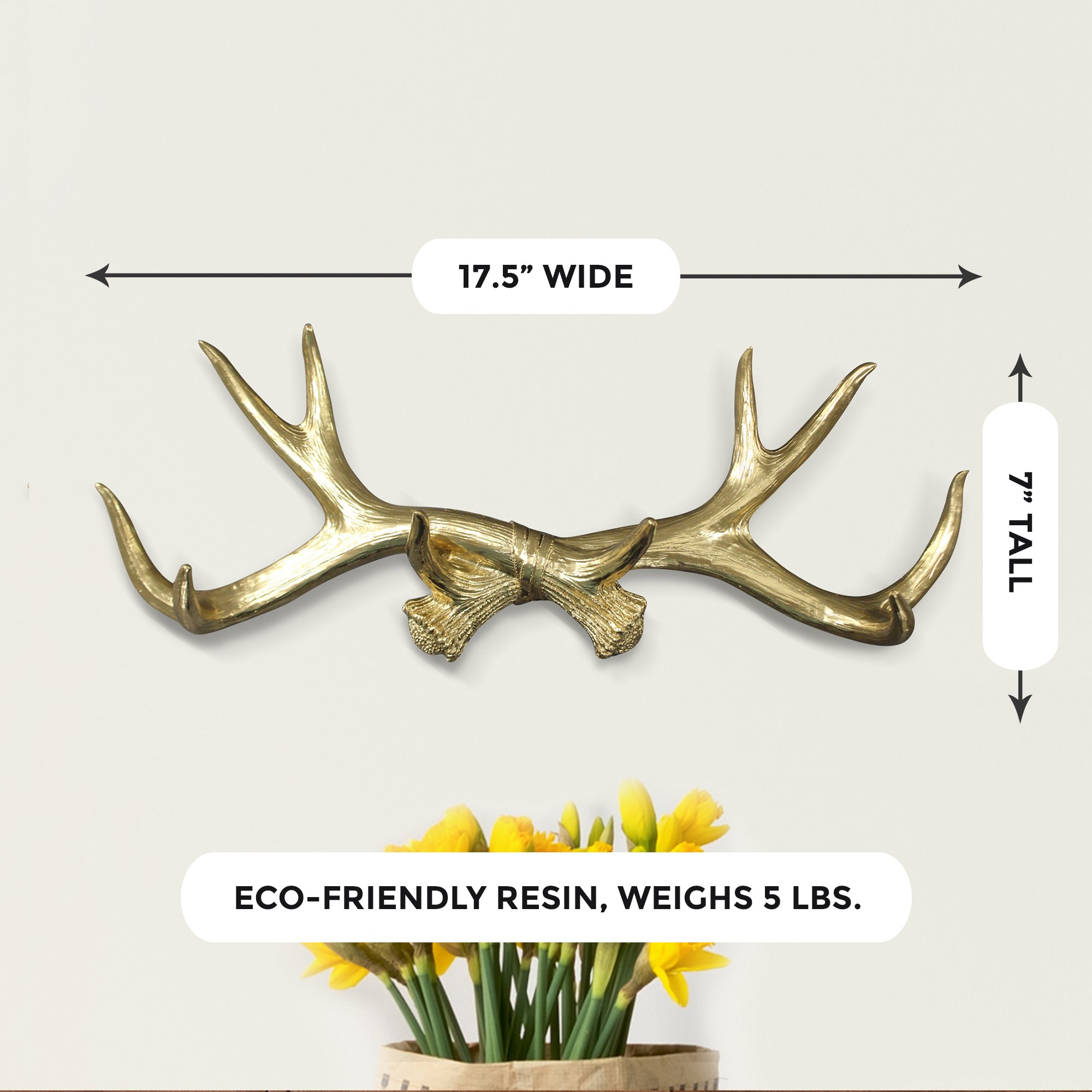 Elegant gold antler wall rack made of eco-friendly resin, perfect for hanging light items like keys and jewelry.