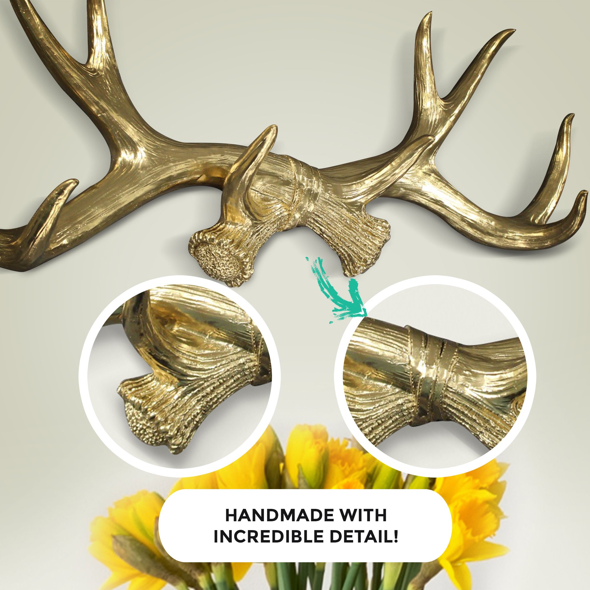 Elegant gold antler wall rack made of eco-friendly resin, perfect for hanging light items like keys and jewelry.