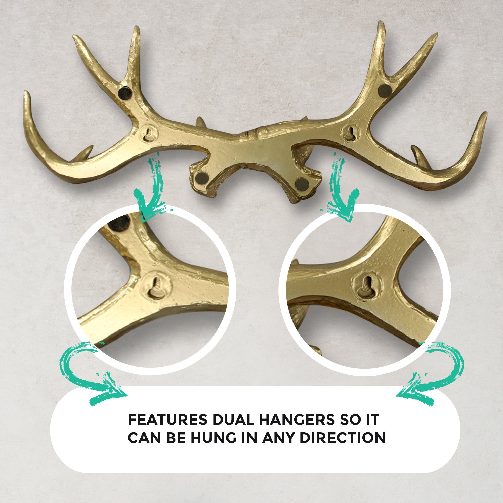 Elegant gold antler wall rack made of eco-friendly resin, perfect for hanging light items like keys and jewelry.