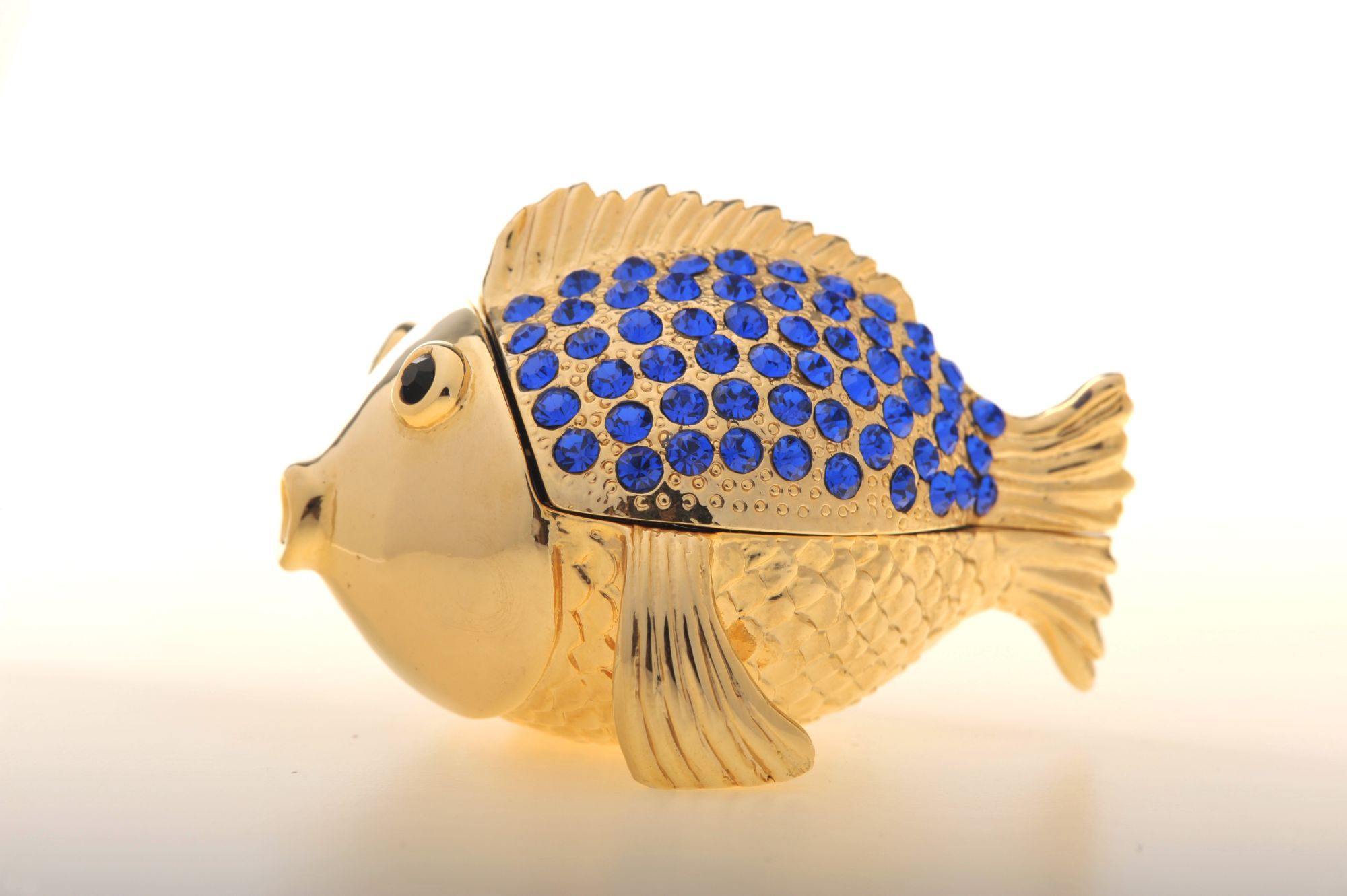 Handcrafted Gold & Blue Fish trinket box with Austrian crystals and 925 silver plating, elegantly designed for art lovers.