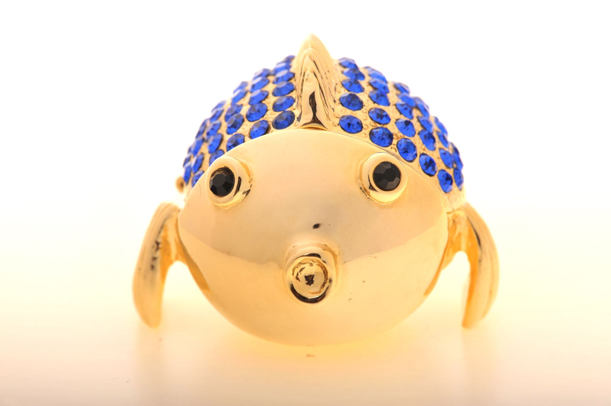 Handcrafted Gold & Blue Fish trinket box with Austrian crystals and 925 silver plating, elegantly designed for art lovers.