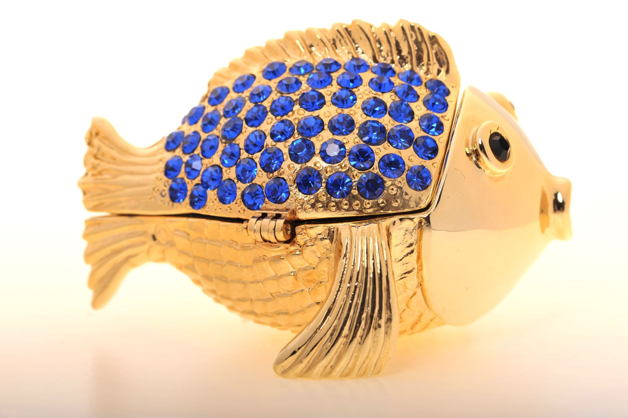 Handcrafted Gold & Blue Fish trinket box with Austrian crystals and 925 silver plating, elegantly designed for art lovers.