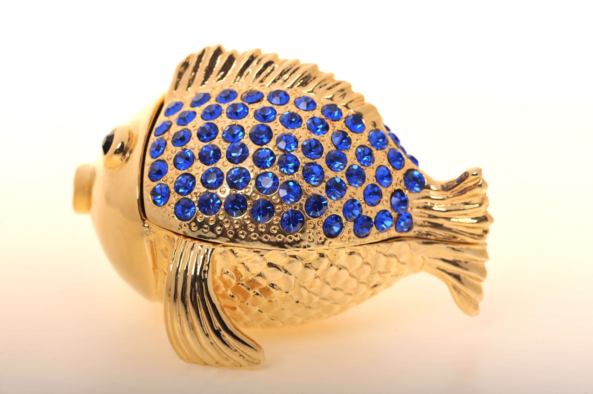 Handcrafted Gold & Blue Fish trinket box with Austrian crystals and 925 silver plating, elegantly designed for art lovers.