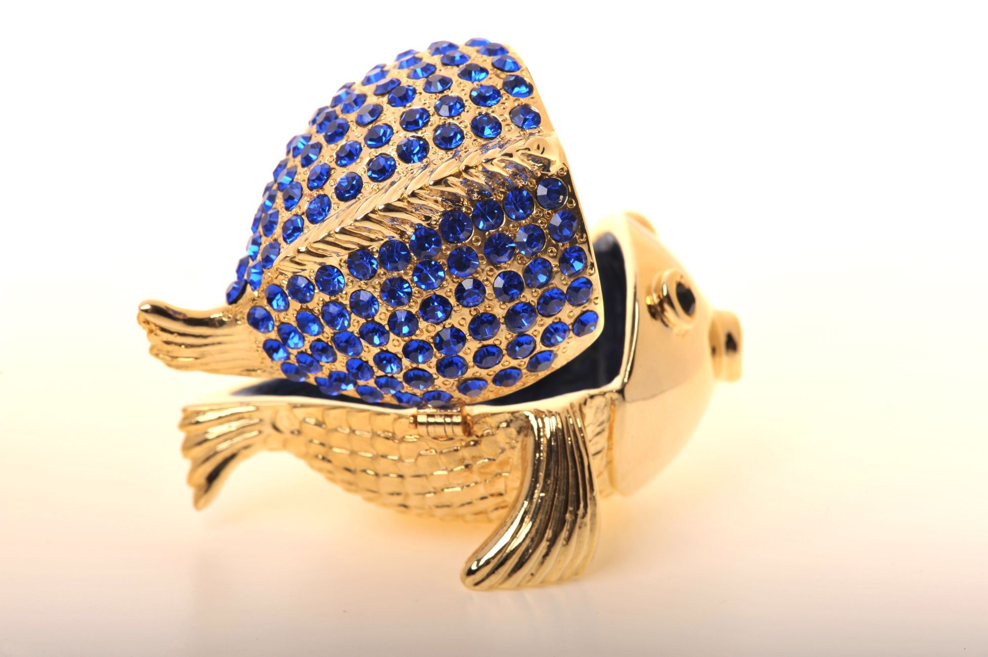 Handcrafted Gold & Blue Fish trinket box with Austrian crystals and 925 silver plating, elegantly designed for art lovers.