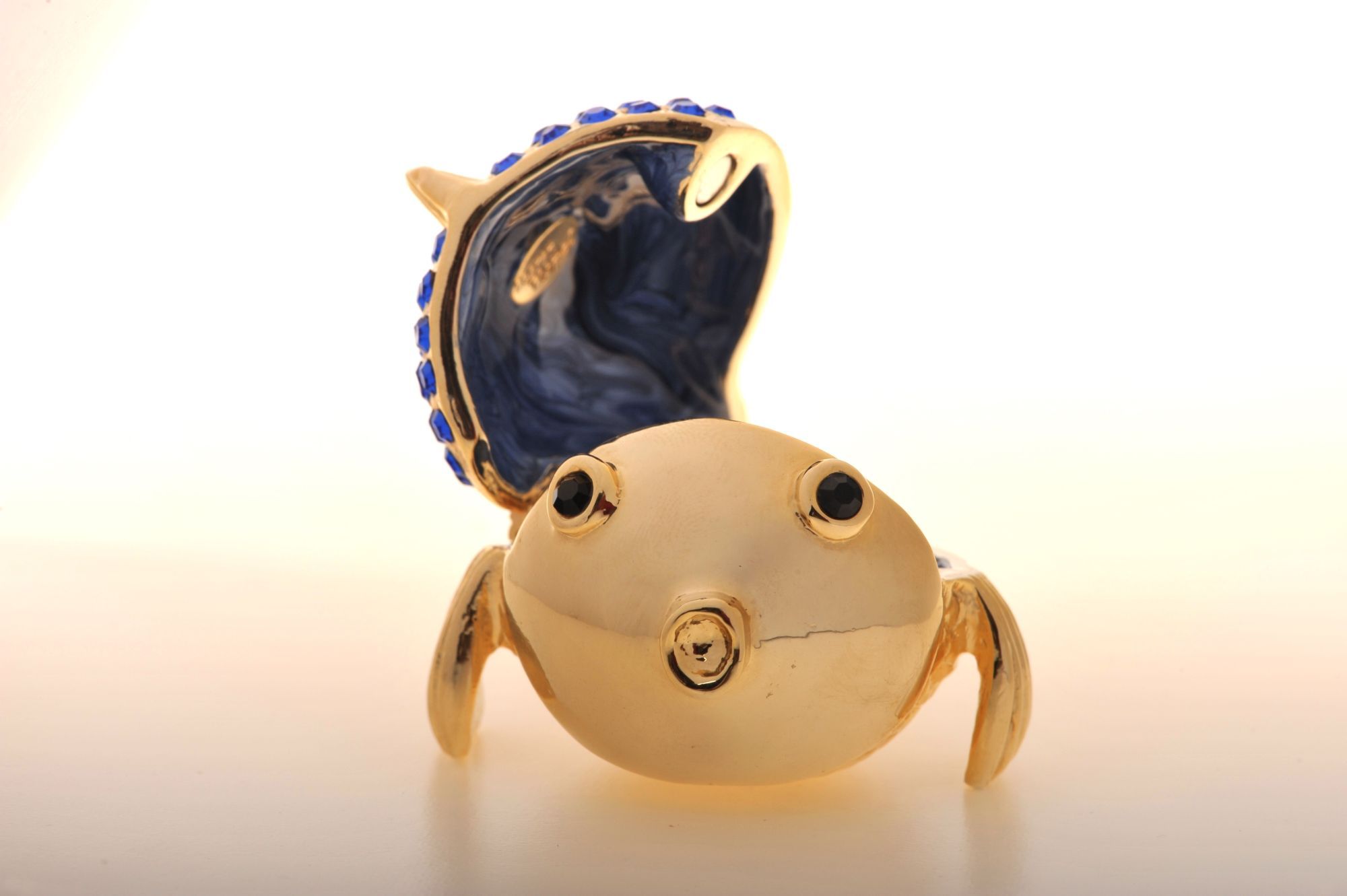 Handcrafted Gold & Blue Fish trinket box with Austrian crystals and 925 silver plating, elegantly designed for art lovers.