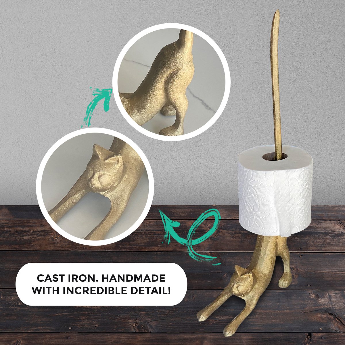 A whimsical gold cat paper towel holder made of cast iron, featuring a stretching cat design with a tail that holds paper towel rolls.