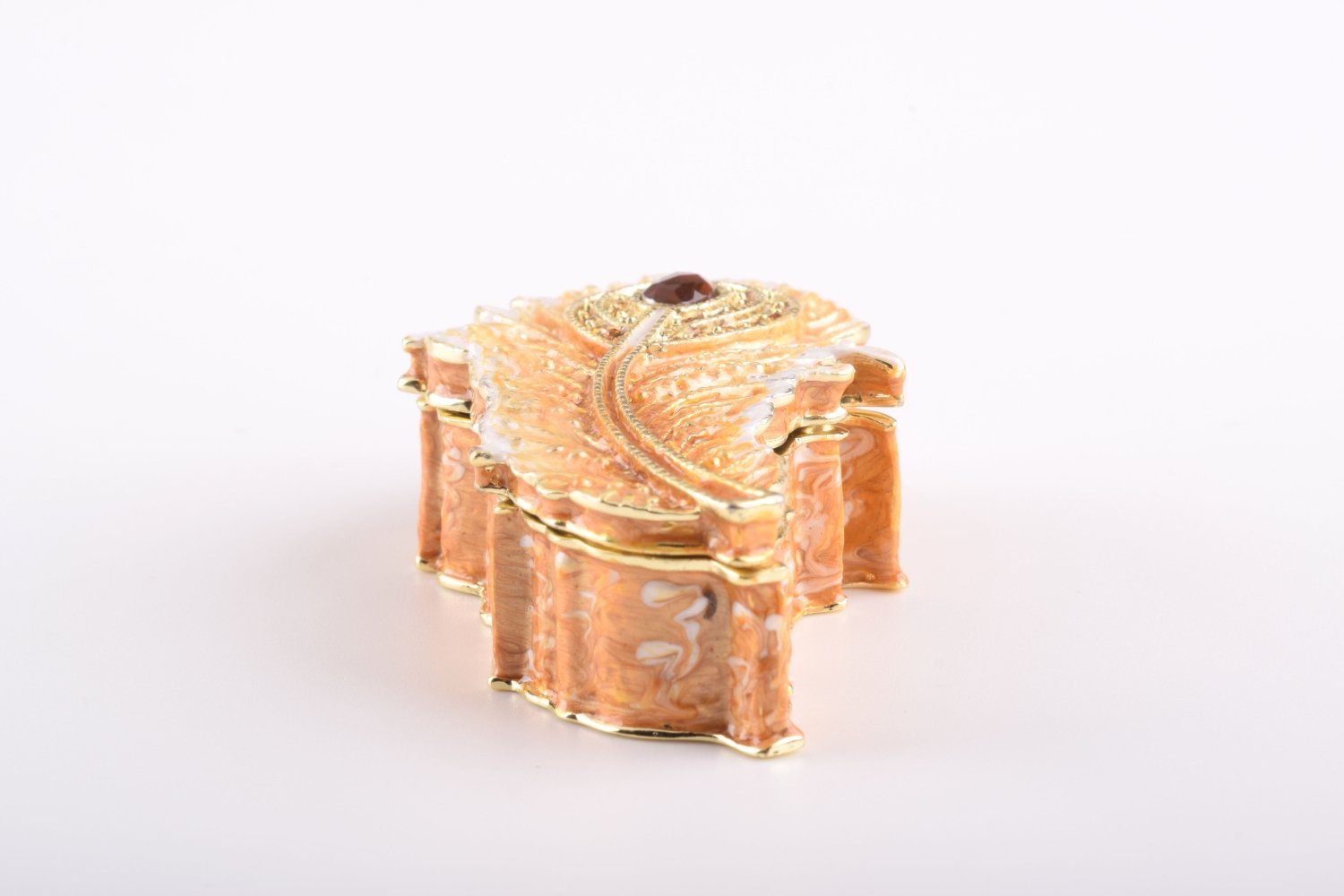 Gold Feather trinket box with enamel paint and Austrian crystals, handcrafted by Keren Kopal, featuring a magnetic closure.