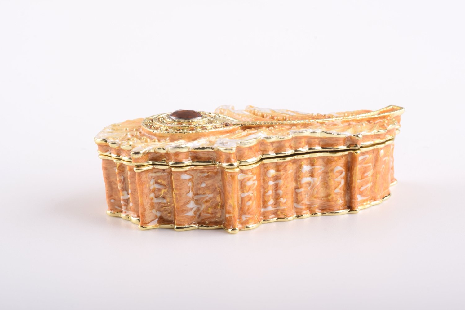 Gold Feather trinket box with enamel paint and Austrian crystals, handcrafted by Keren Kopal, featuring a magnetic closure.