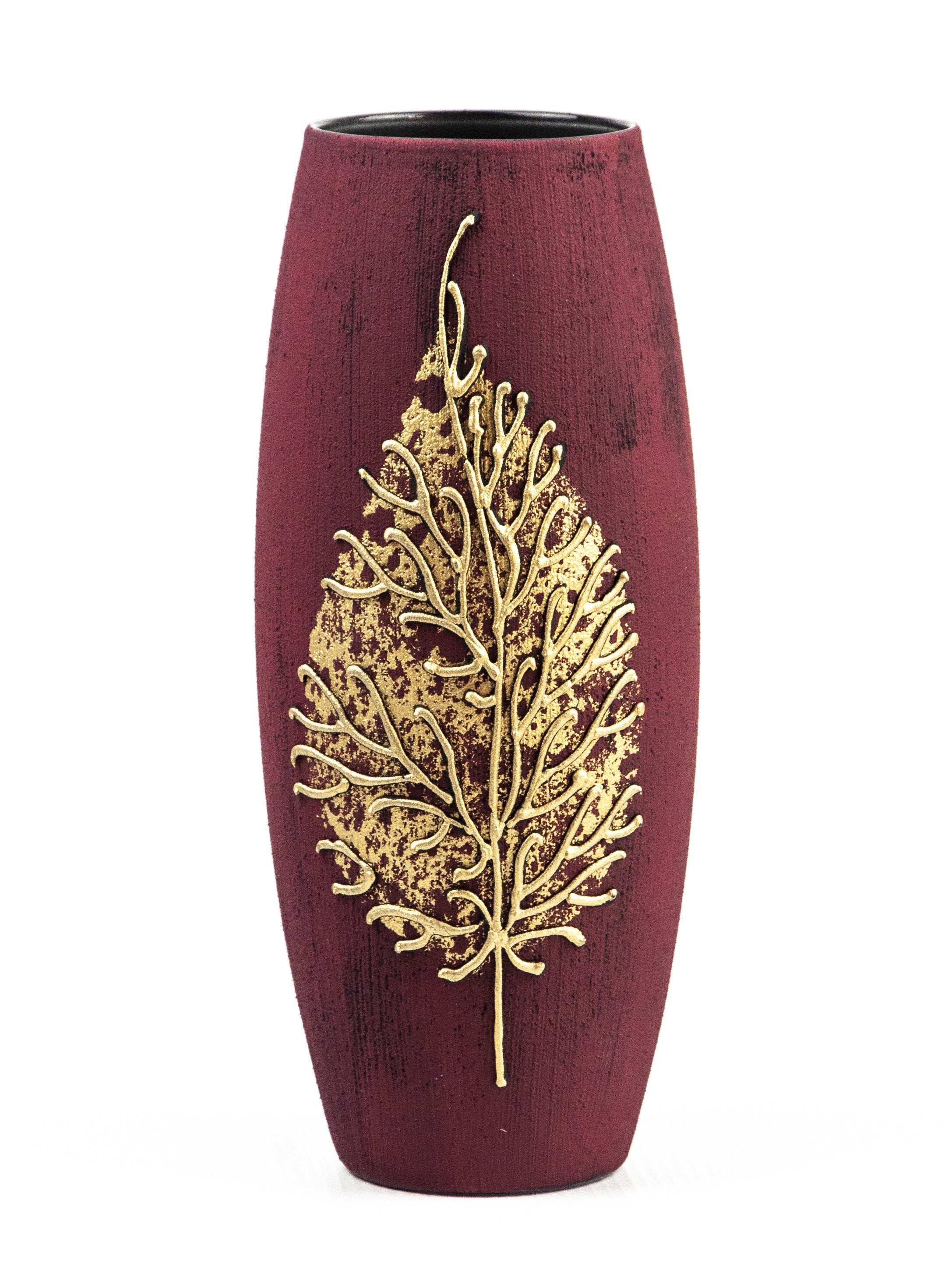 Gold on Burgundy Handpainted Art Glass Oval Vase showcasing intricate designs and vibrant colors, perfect for floral arrangements.