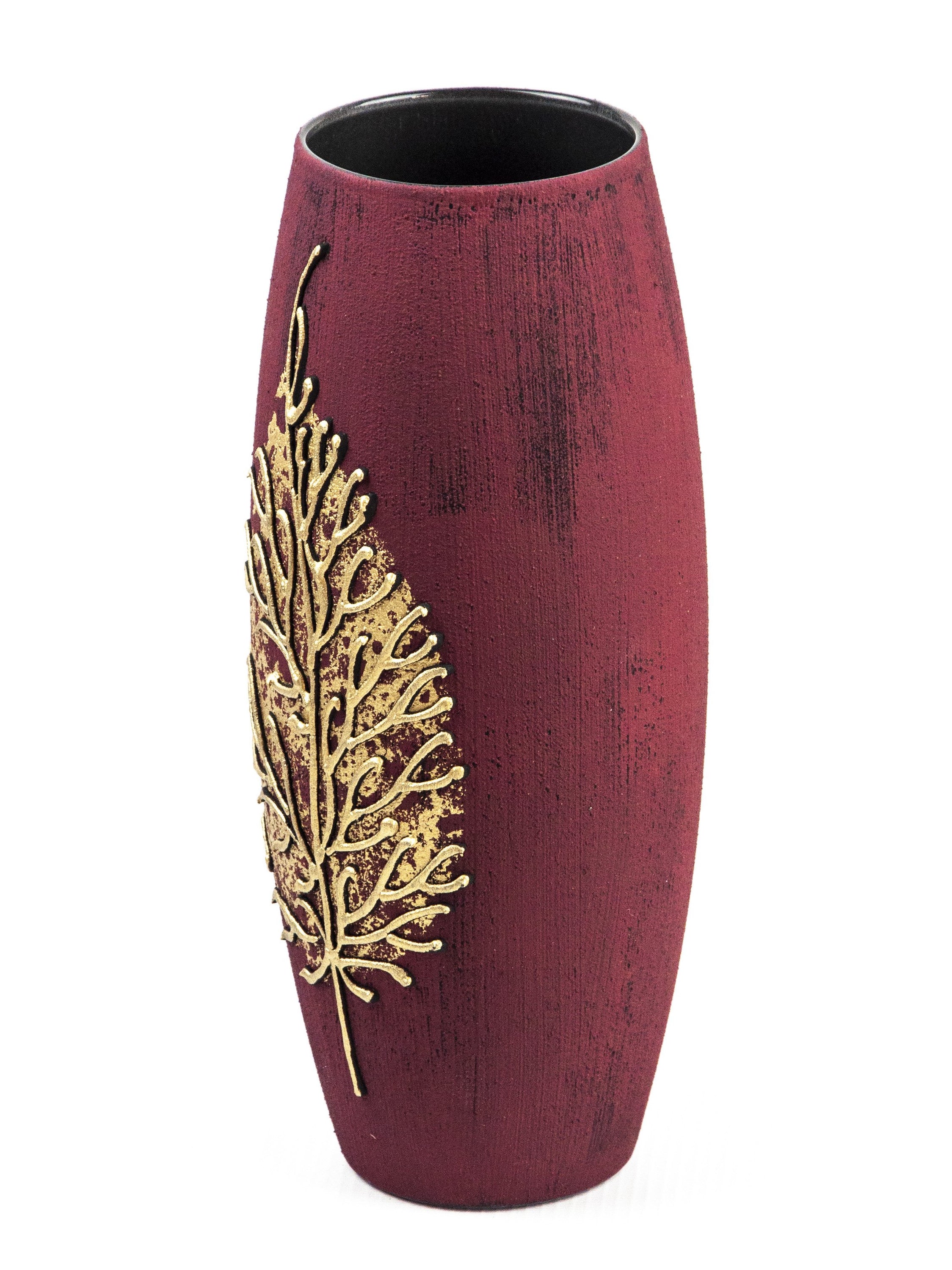 Gold on Burgundy Handpainted Art Glass Oval Vase showcasing intricate designs and vibrant colors, perfect for floral arrangements.