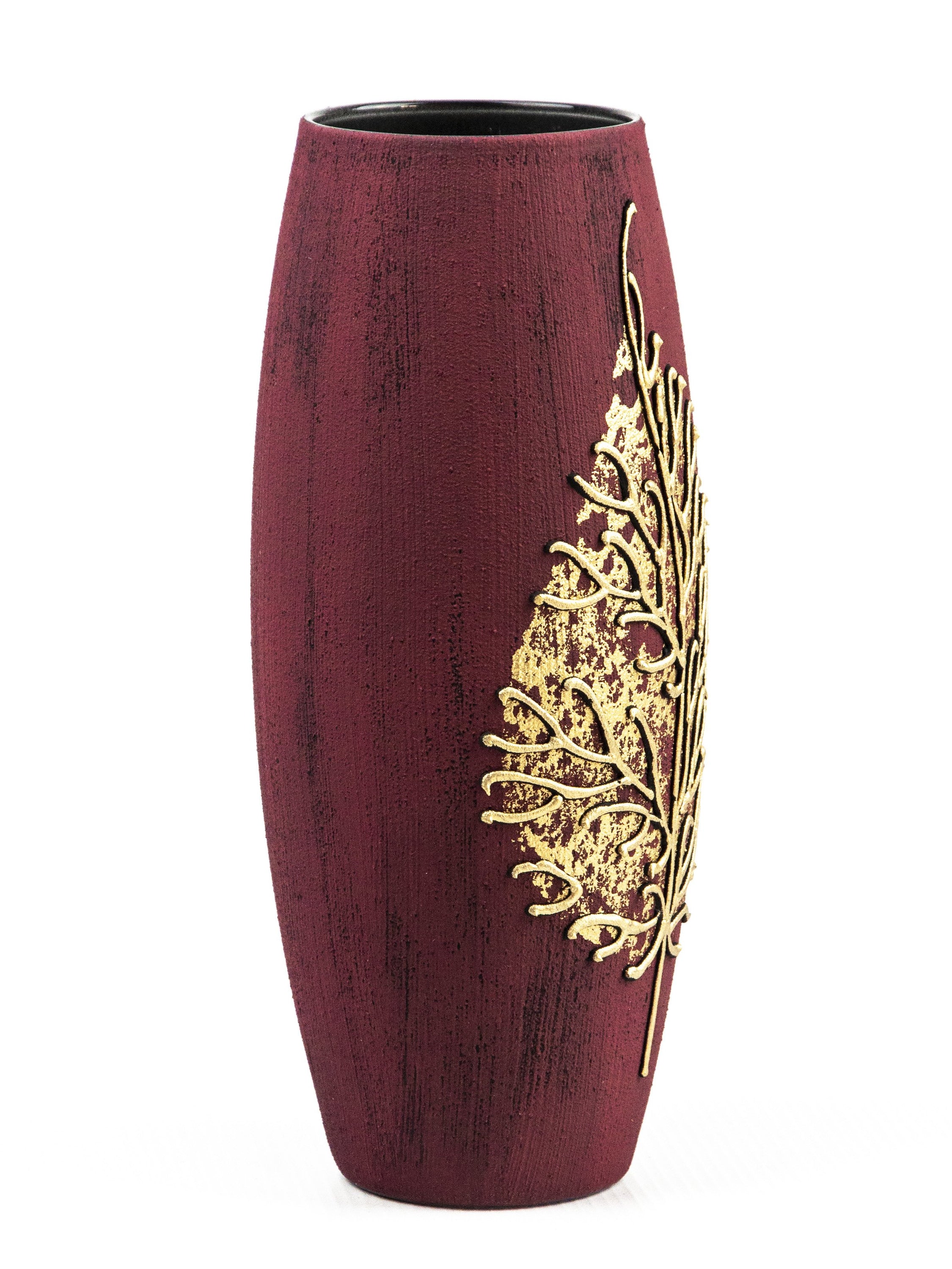 Gold on Burgundy Handpainted Art Glass Oval Vase showcasing intricate designs and vibrant colors, perfect for floral arrangements.