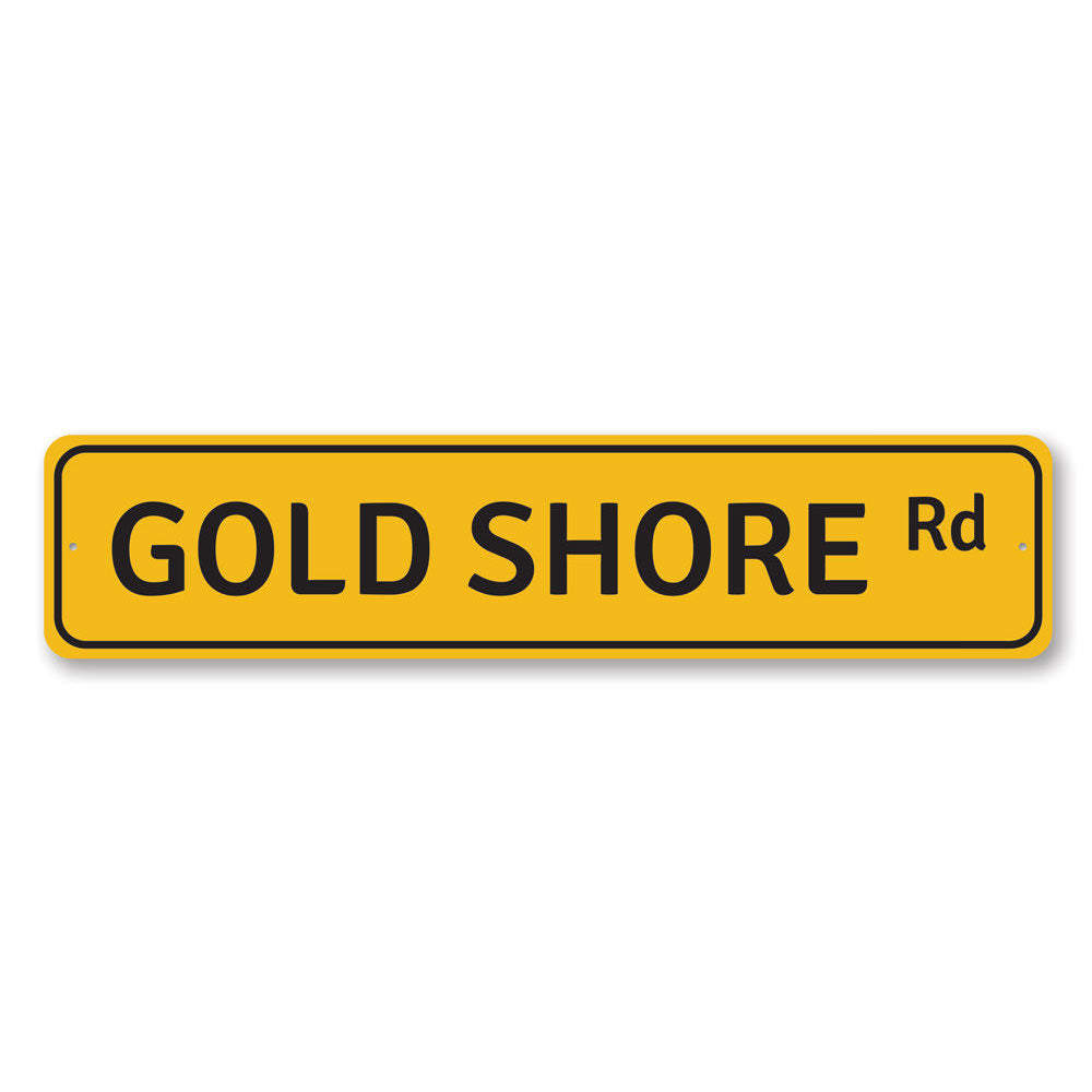 Gold Shore Road Sign made of durable aluminum, featuring a beach-themed design perfect for coastal decor.