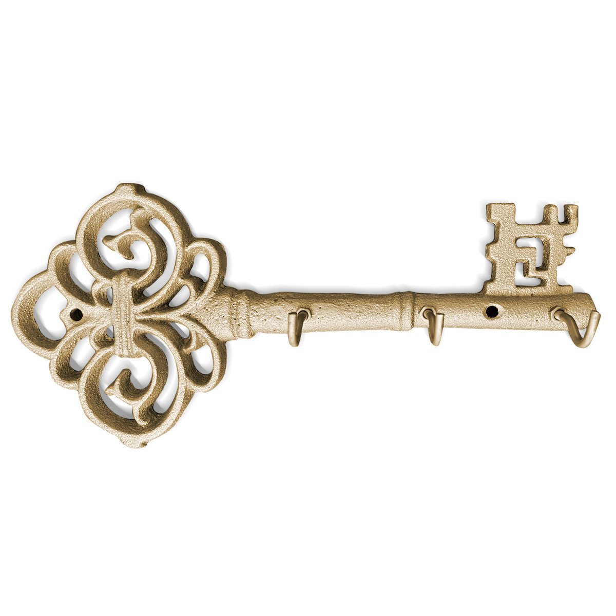 Gold Skeleton Key Wall Hooks, handmade cast iron design, stylish and functional for home decor.