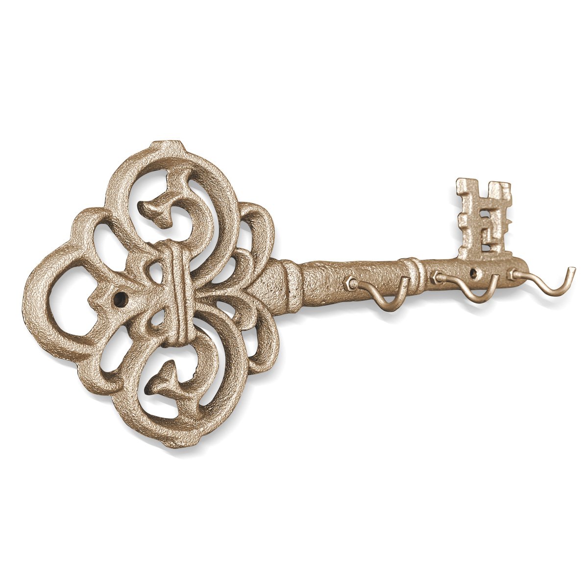 Gold Skeleton Key Wall Hooks, handmade cast iron design, stylish and functional for home decor.