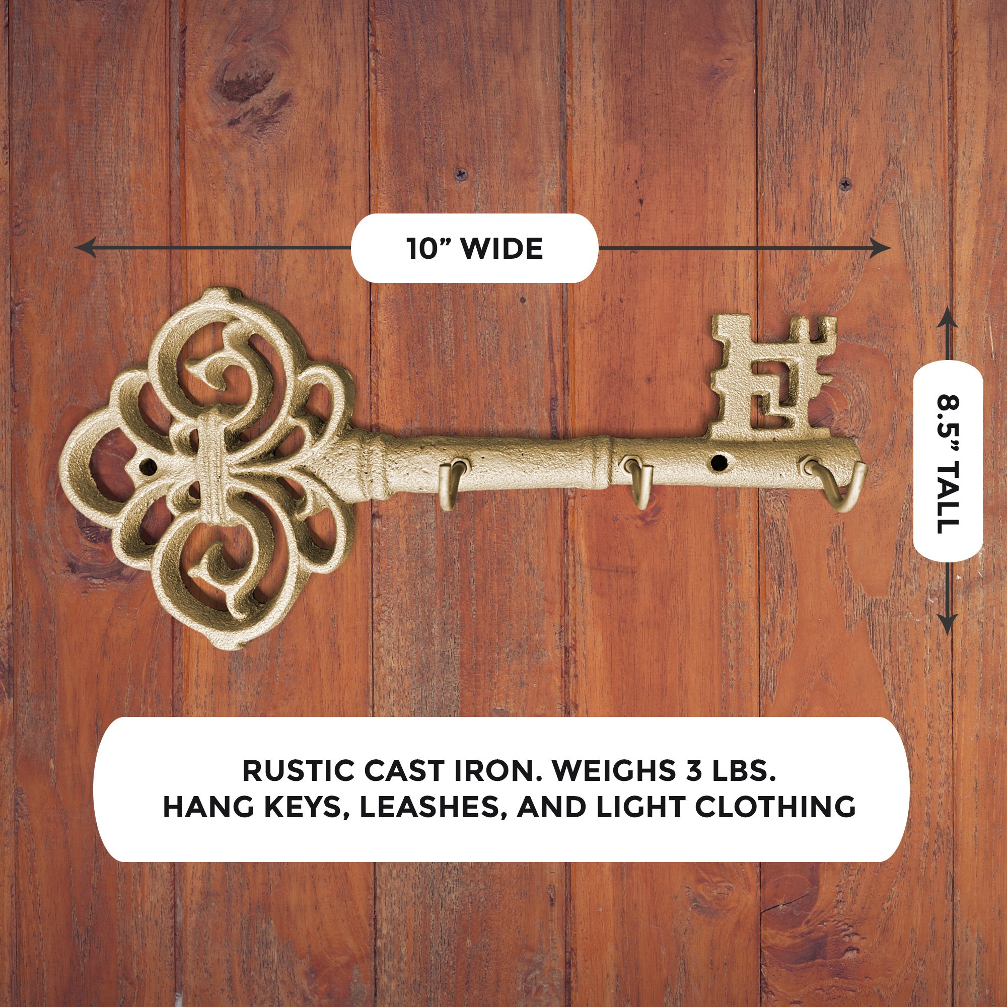 Gold Skeleton Key Wall Hooks, handmade cast iron design, stylish and functional for home decor.