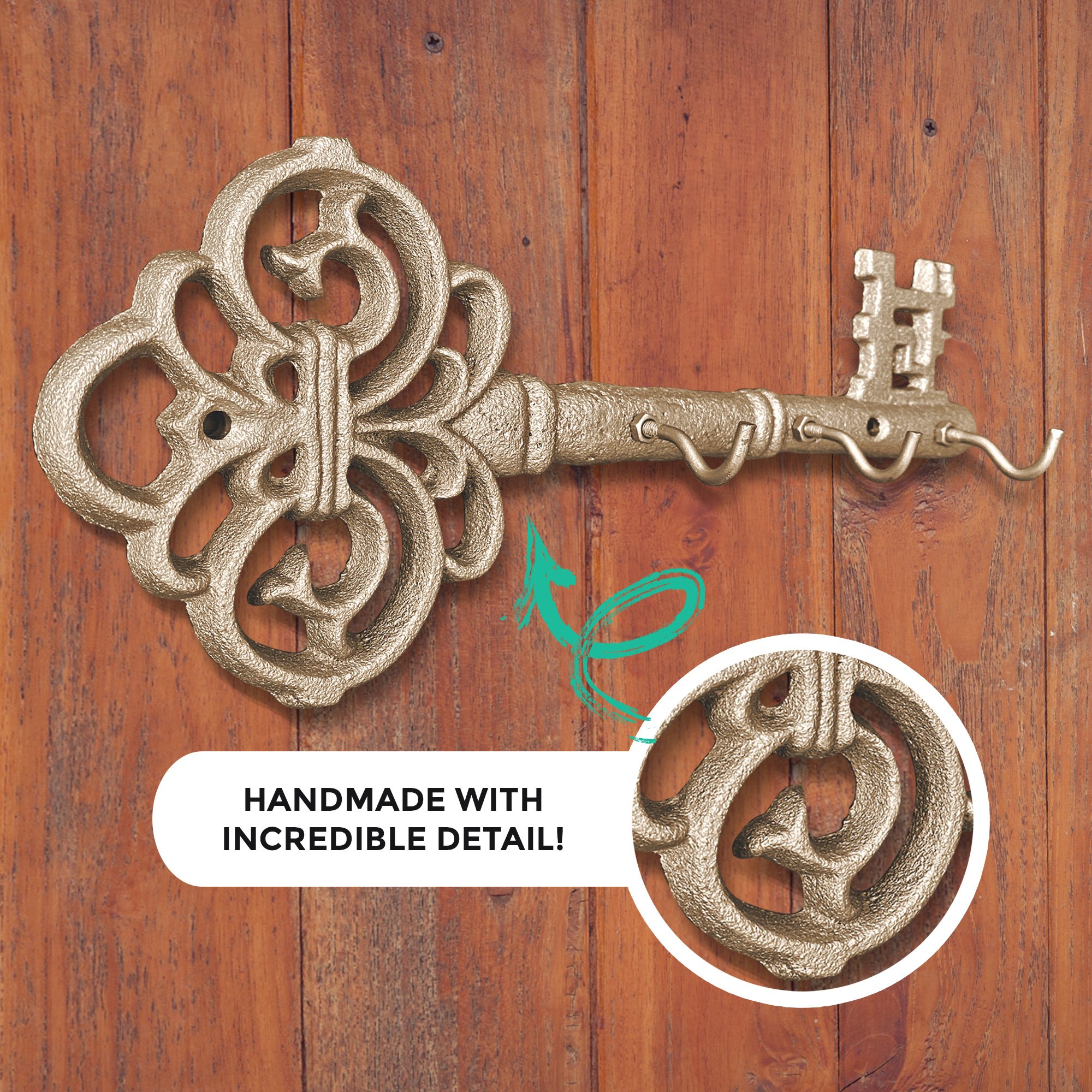 Gold Skeleton Key Wall Hooks, handmade cast iron design, stylish and functional for home decor.