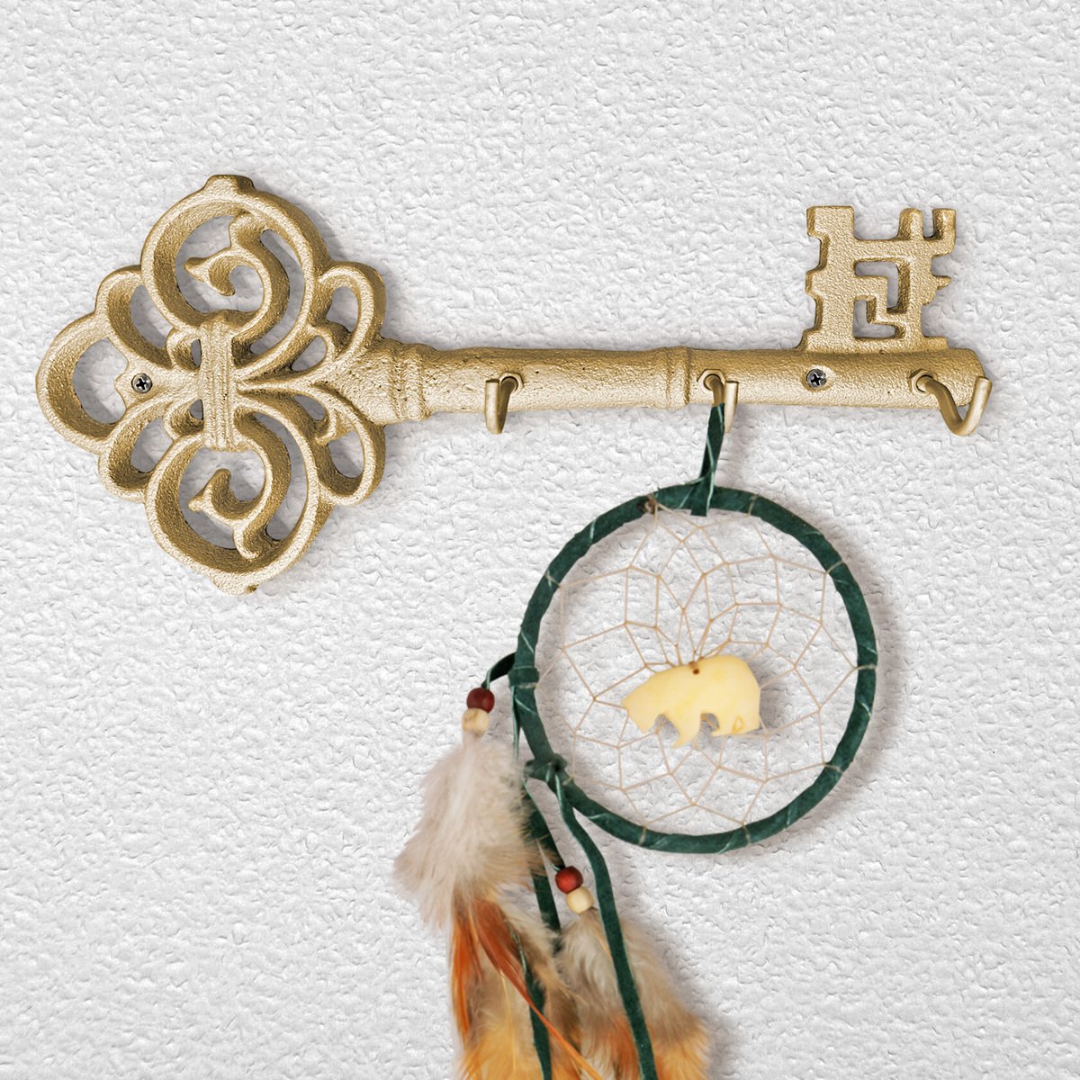 Gold Skeleton Key Wall Hooks, handmade cast iron design, stylish and functional for home decor.