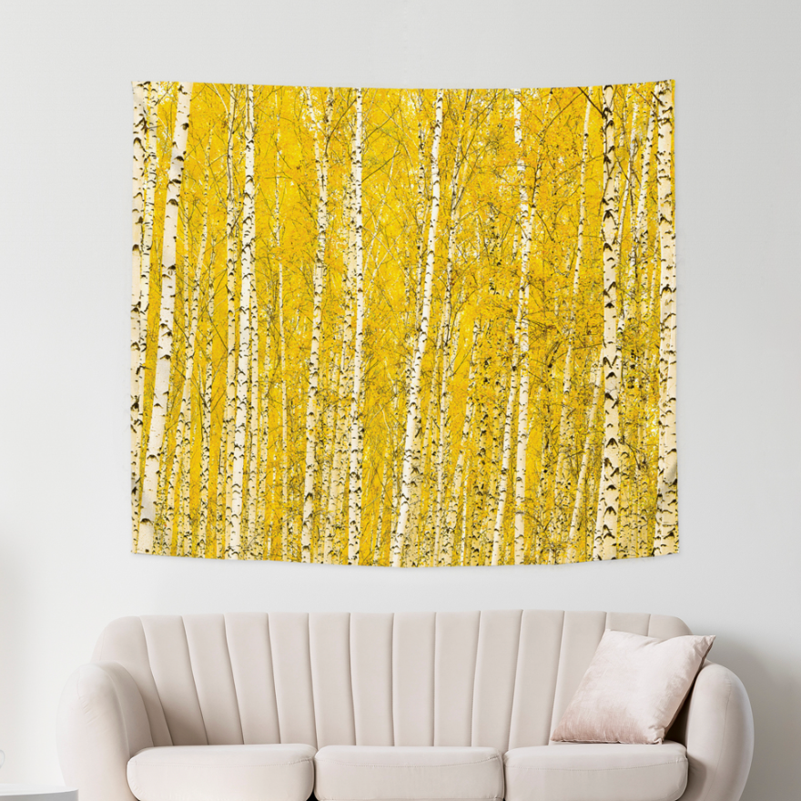 A beautiful fabric poster featuring a serene golden birch forest design, perfect for home decoration.