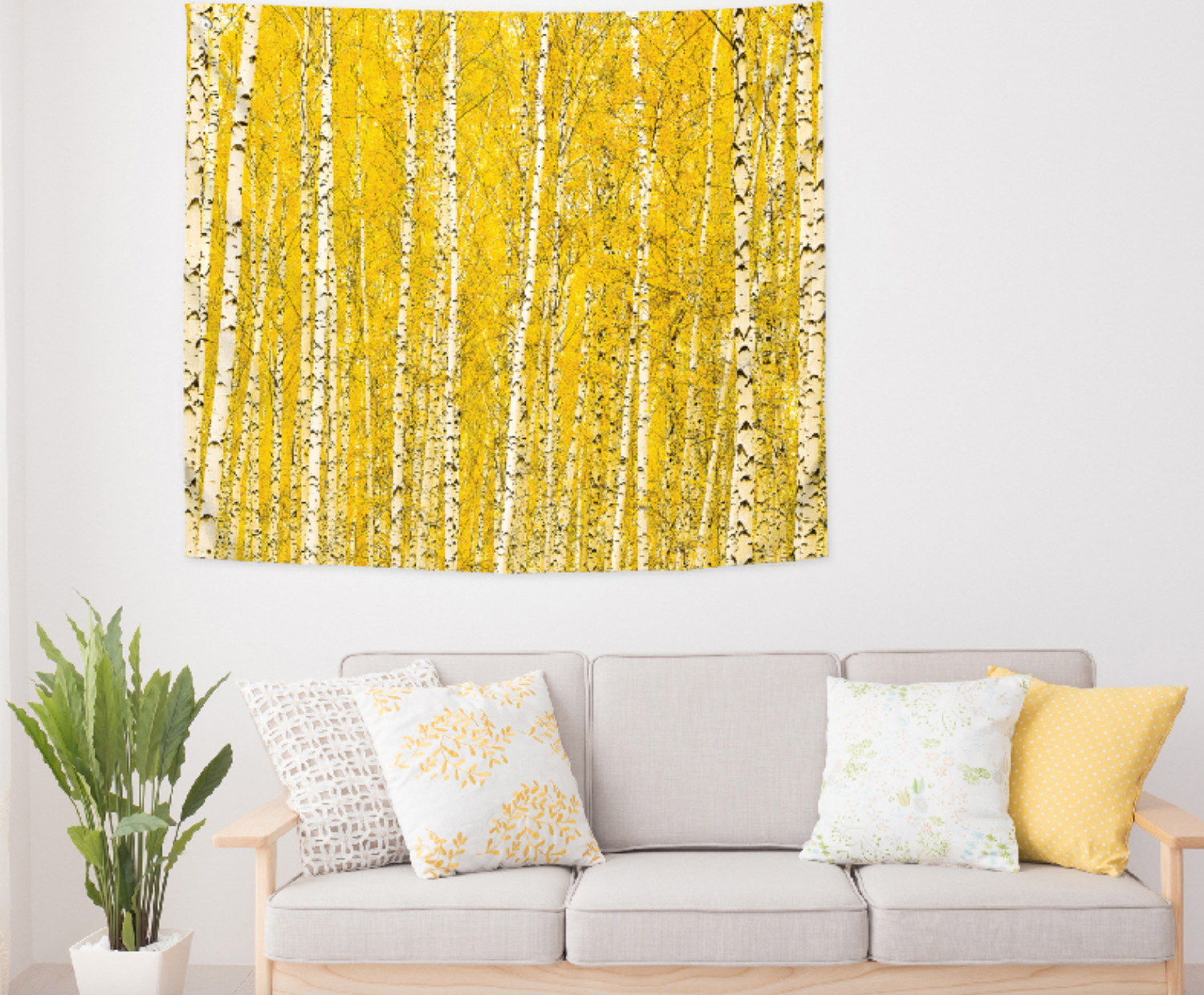 A beautiful fabric poster featuring a serene golden birch forest design, perfect for home decoration.