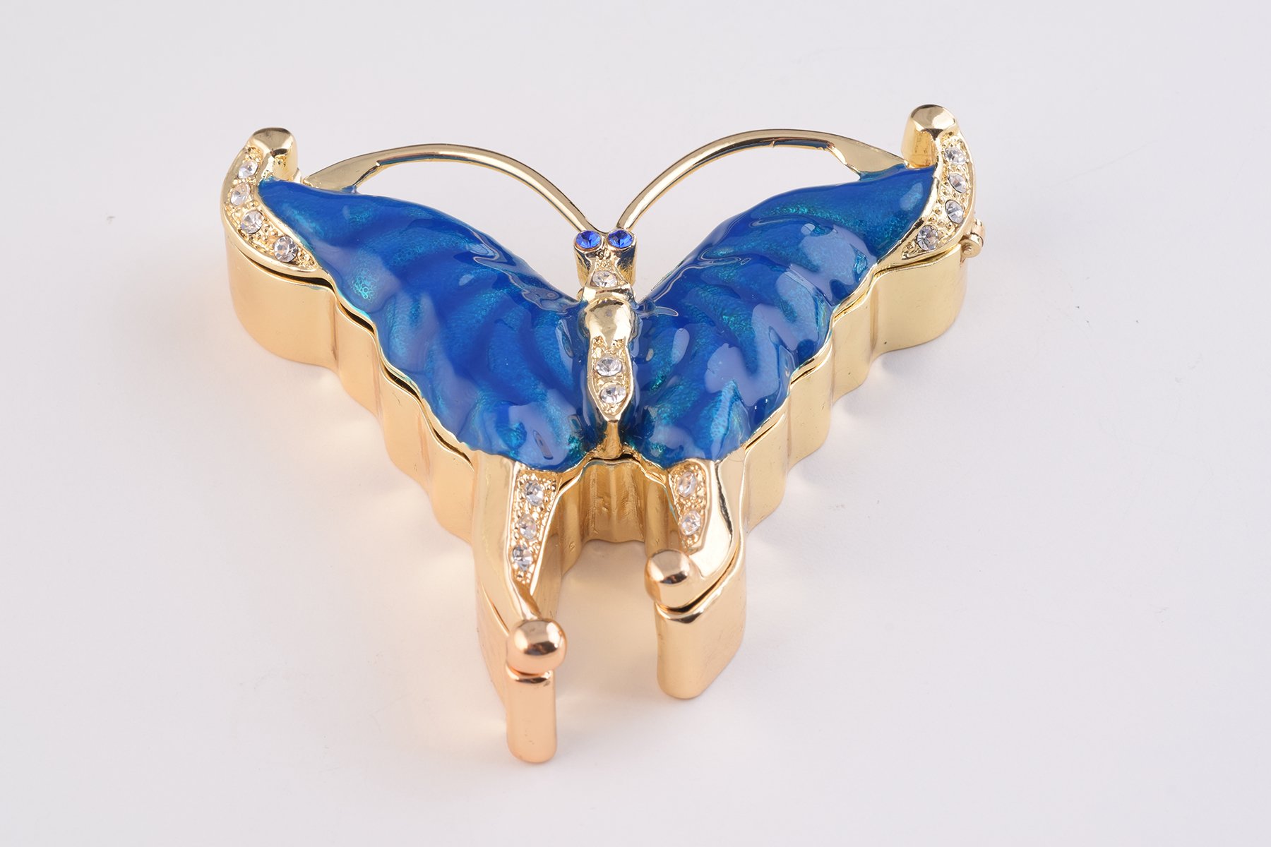 Golden Blue Butterfly trinket box with enamel painting and Austrian crystals, featuring a 24K gold or 925 silver plating.