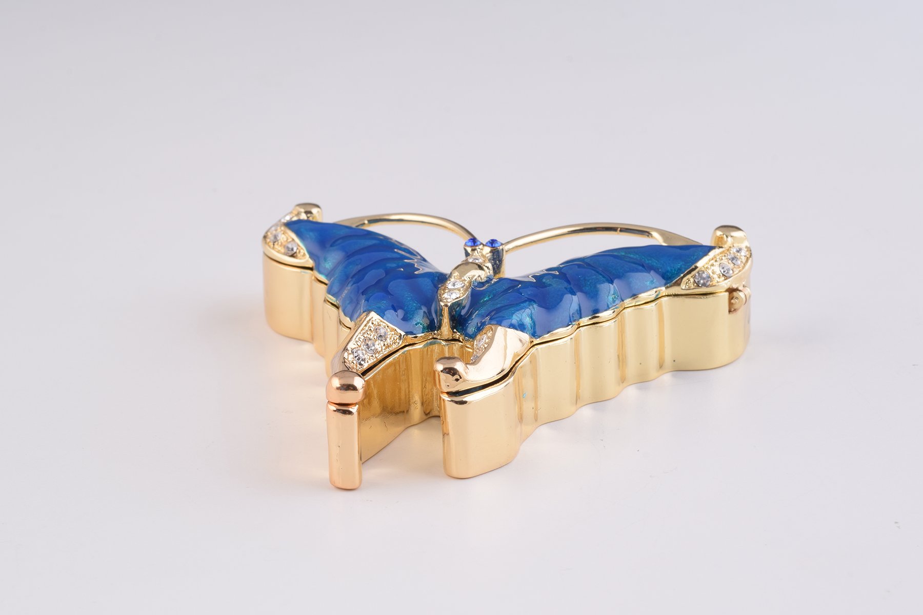 Golden Blue Butterfly trinket box with enamel painting and Austrian crystals, featuring a 24K gold or 925 silver plating.