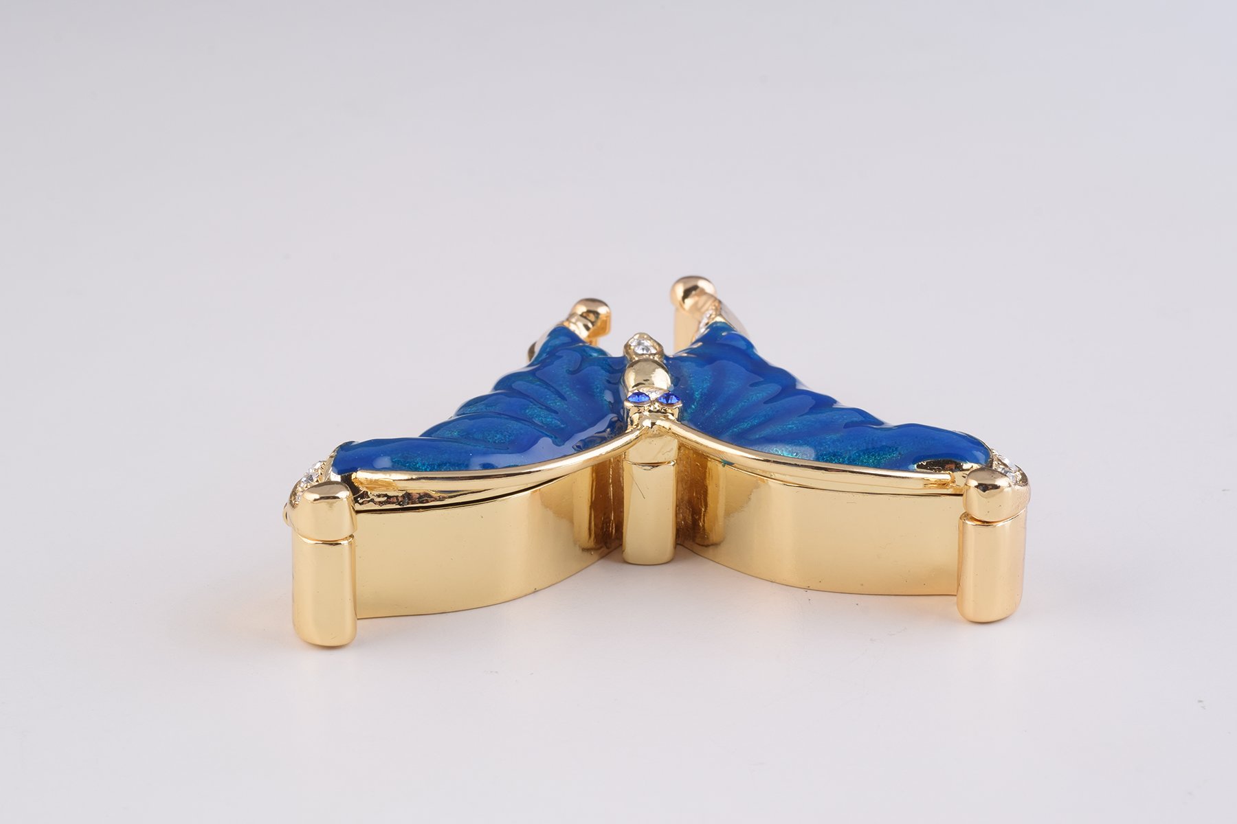 Golden Blue Butterfly trinket box with enamel painting and Austrian crystals, featuring a 24K gold or 925 silver plating.