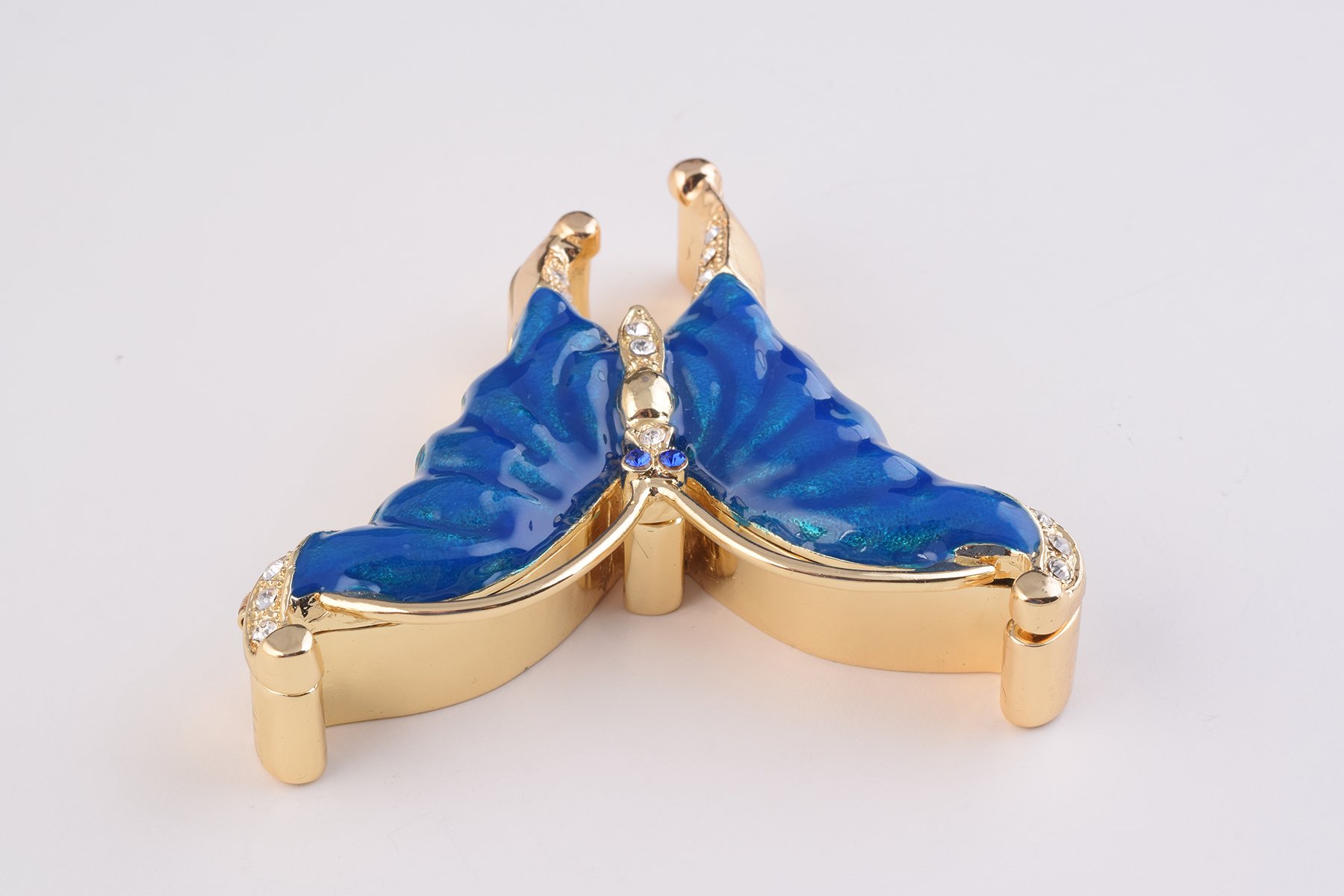 Golden Blue Butterfly trinket box with enamel painting and Austrian crystals, featuring a 24K gold or 925 silver plating.