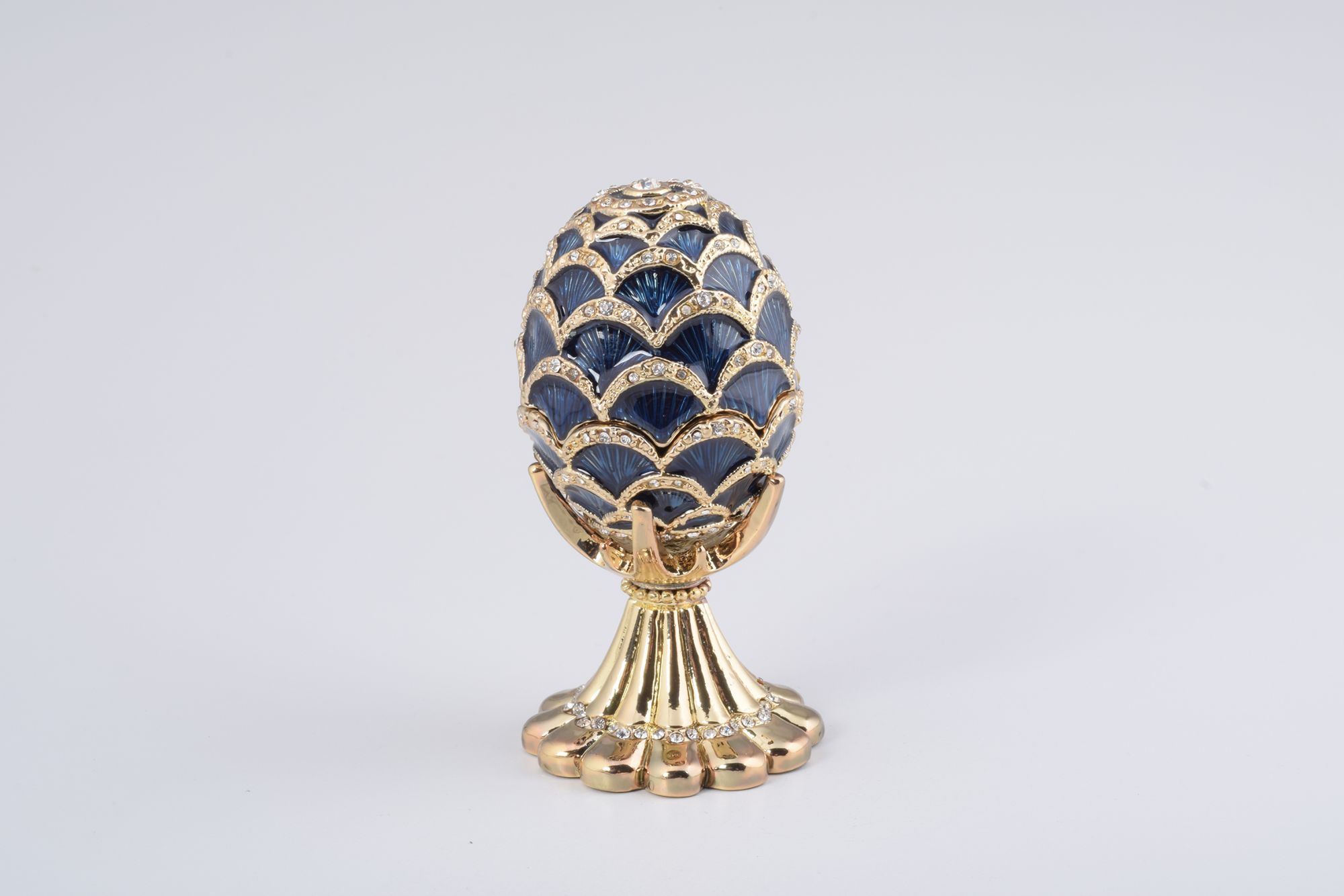 Golden Blue Pineapple Shape Faberge Egg trinket box adorned with Austrian crystals and 24K gold plating, showcasing exquisite craftsmanship.