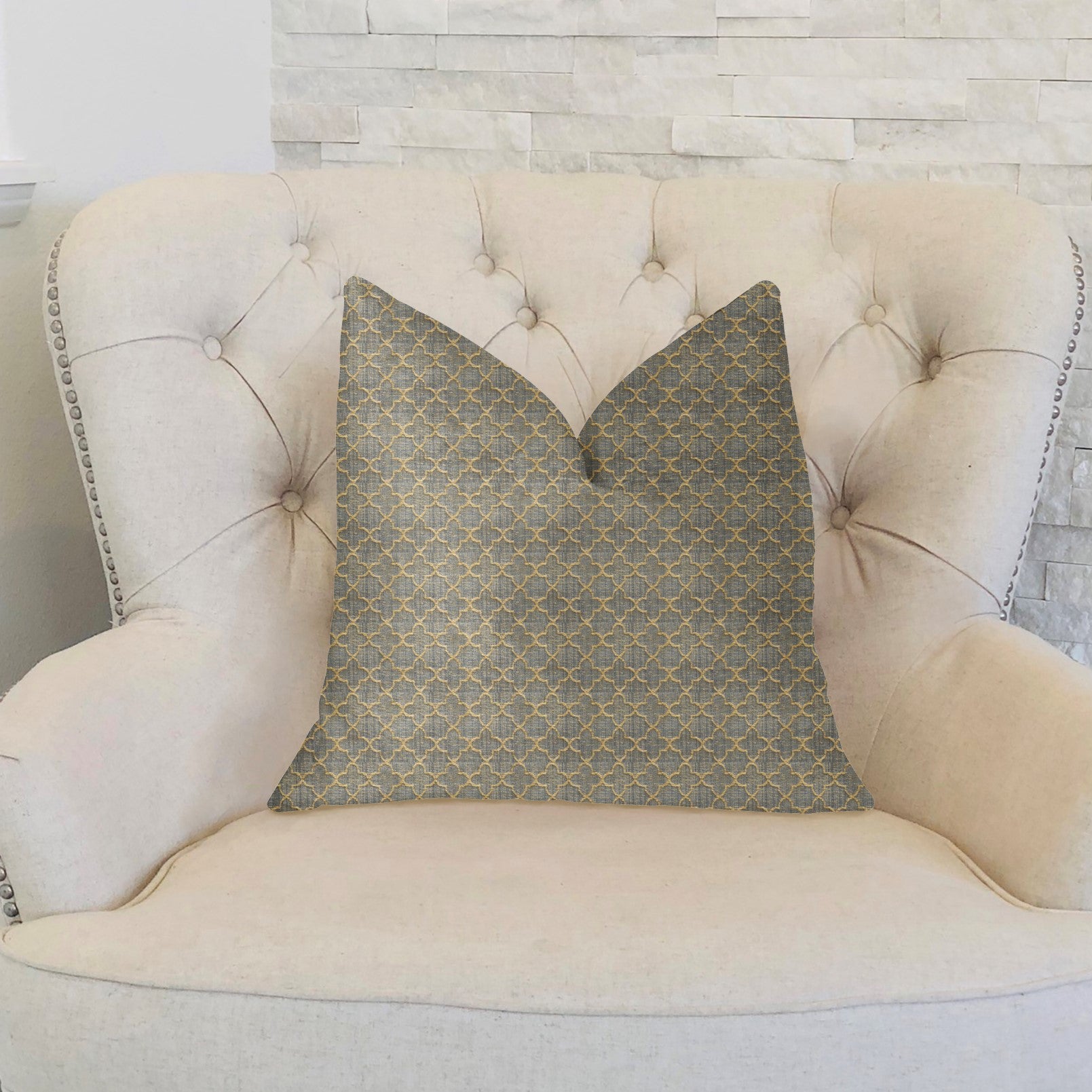 Golden Clove Blue and Beige Luxury Throw Pillow featuring an embroidered design, double-sided fabric, and an invisible zipper closure.