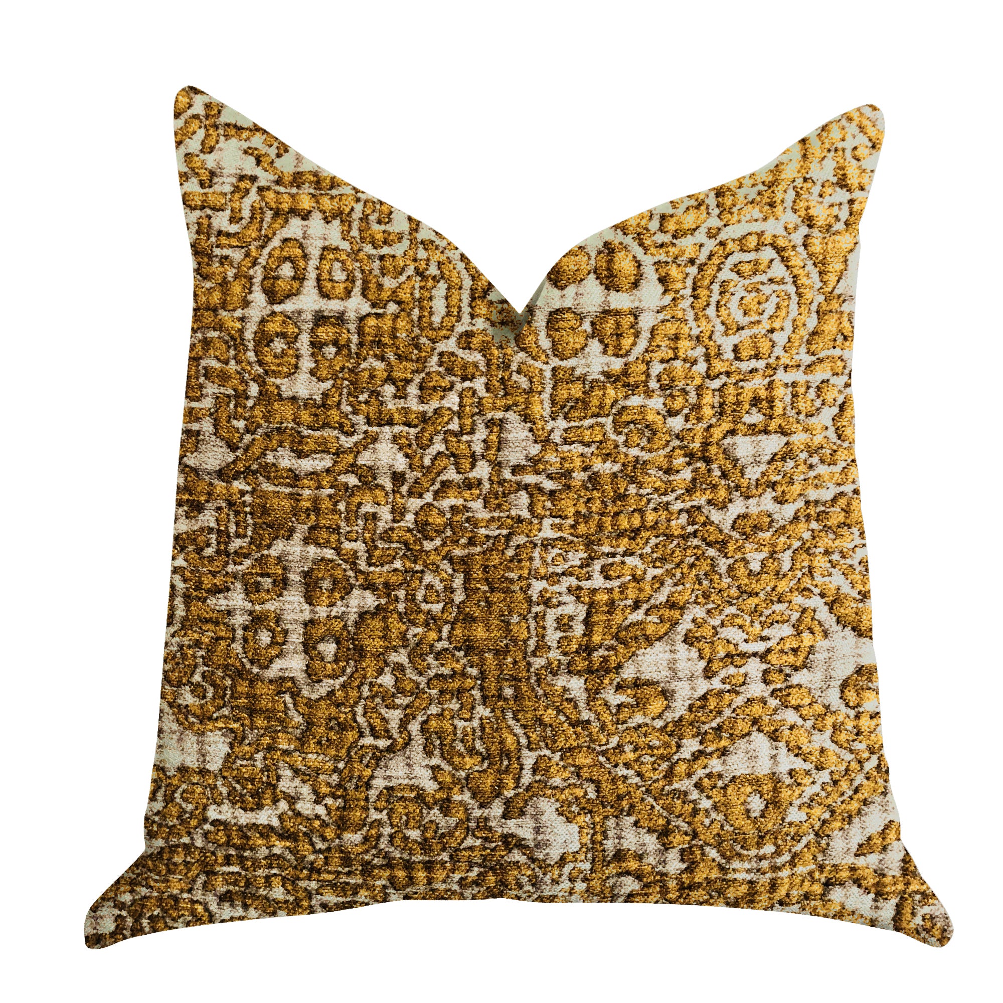 Golden Cosmo Textured Luxury Throw Pillow showcasing a rich gold and beige design, featuring a soft fabric blend and an invisible zipper.