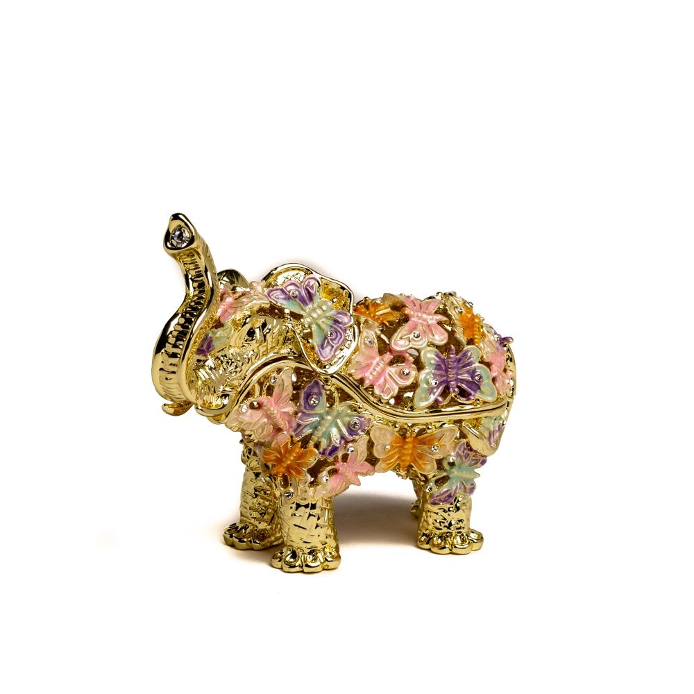 Golden Elephant trinket box adorned with butterflies and Austrian crystals, showcasing intricate enamel painting and luxurious gold or silver plating.