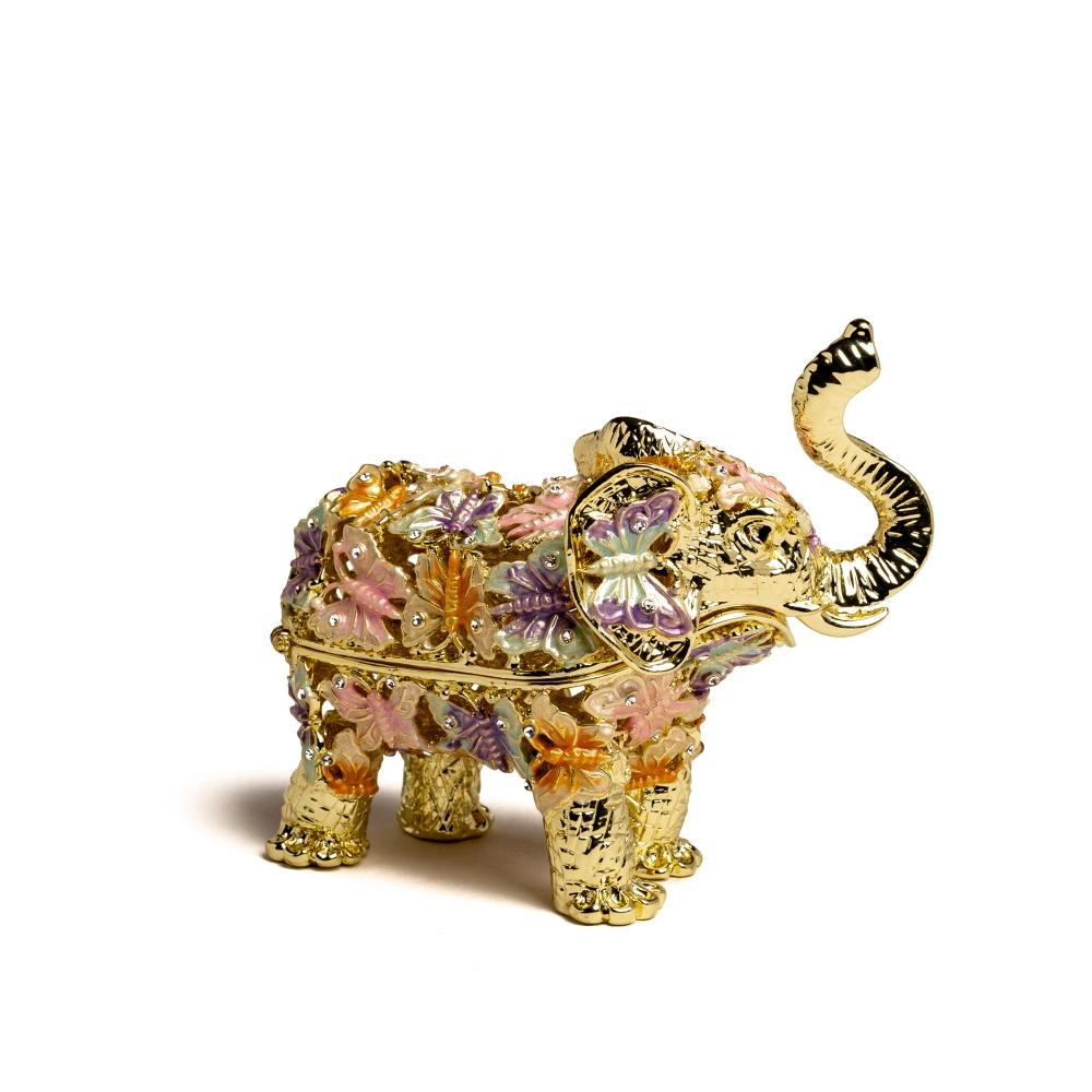 Golden Elephant trinket box adorned with butterflies and Austrian crystals, showcasing intricate enamel painting and luxurious gold or silver plating.