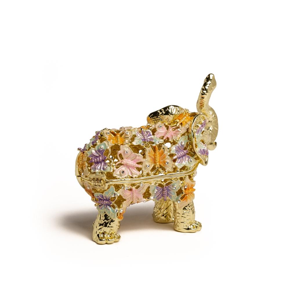 Golden Elephant trinket box adorned with butterflies and Austrian crystals, showcasing intricate enamel painting and luxurious gold or silver plating.