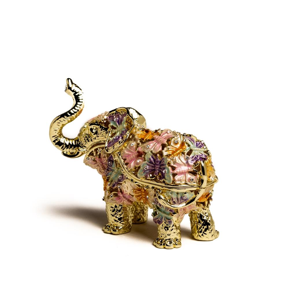 Golden Elephant trinket box adorned with butterflies and Austrian crystals, showcasing intricate enamel painting and luxurious gold or silver plating.