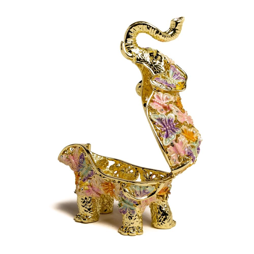 Golden Elephant trinket box adorned with butterflies and Austrian crystals, showcasing intricate enamel painting and luxurious gold or silver plating.