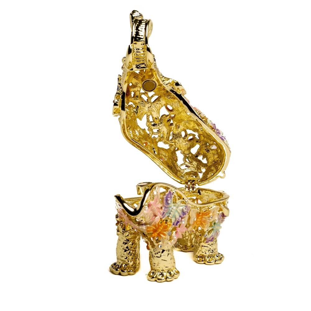 Golden Elephant trinket box adorned with butterflies and Austrian crystals, showcasing intricate enamel painting and luxurious gold or silver plating.