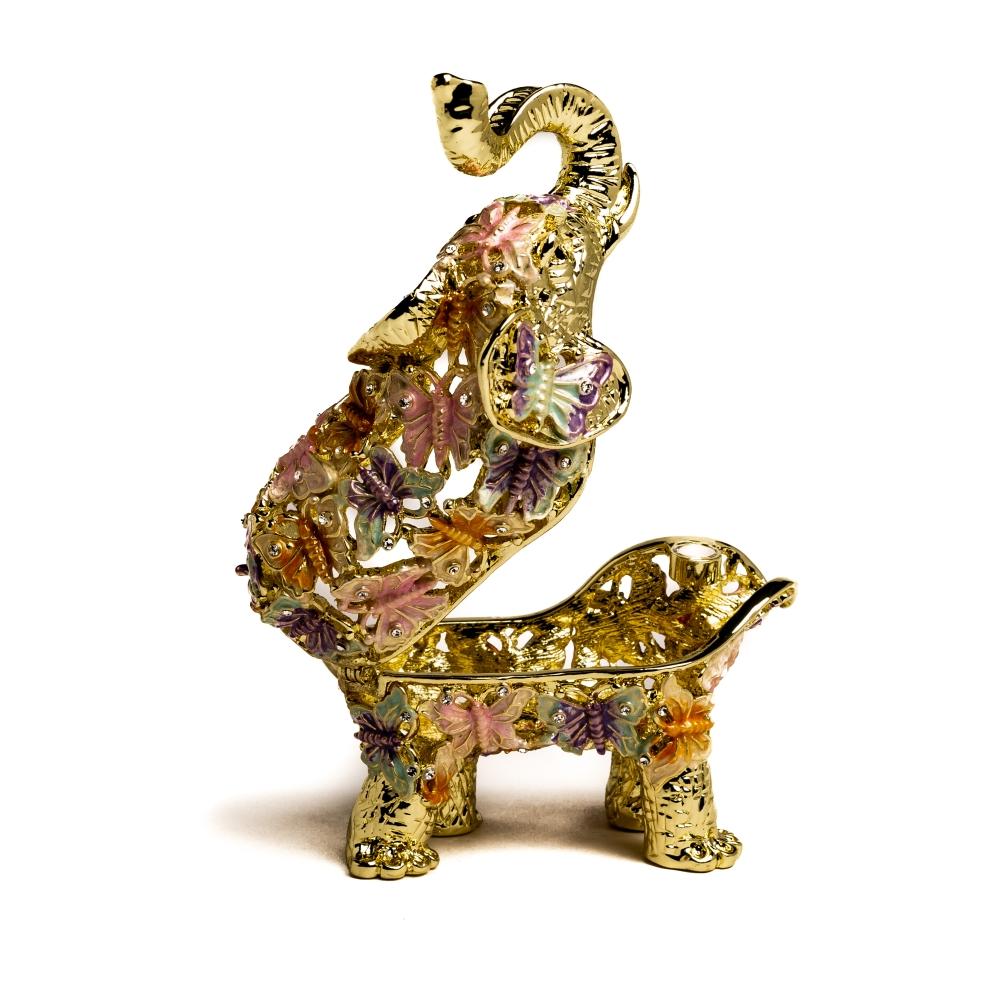 Golden Elephant trinket box adorned with butterflies and Austrian crystals, showcasing intricate enamel painting and luxurious gold or silver plating.