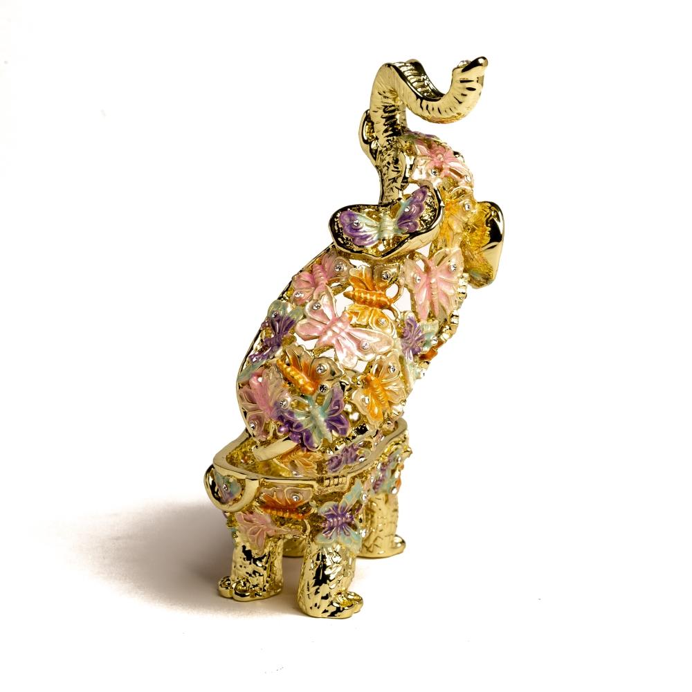 Golden Elephant trinket box adorned with butterflies and Austrian crystals, showcasing intricate enamel painting and luxurious gold or silver plating.