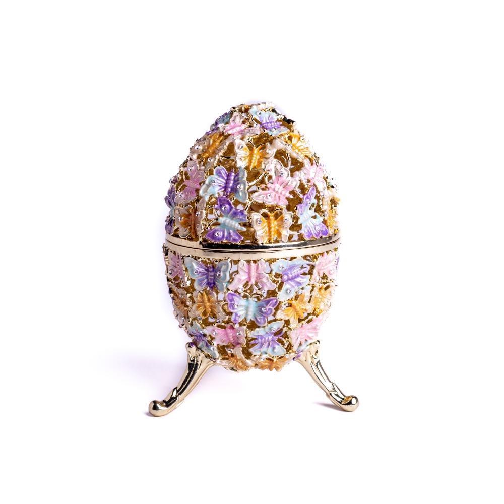 Golden Faberge Egg trinket box decorated with colorful butterflies and sparkling Austrian crystals, showcasing intricate craftsmanship.