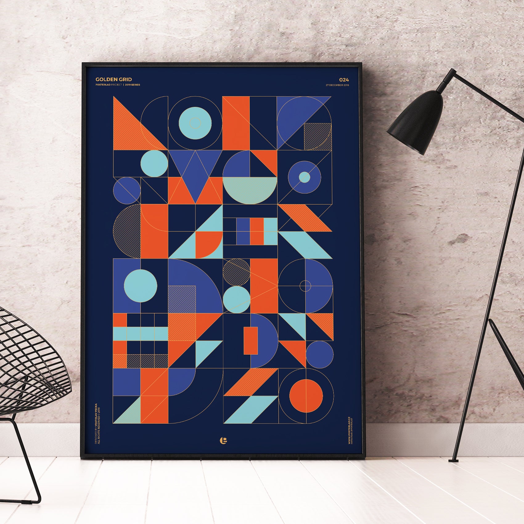 Golden Grid poster featuring a vibrant geometric design on thick matte paper, perfect for home or office decor.