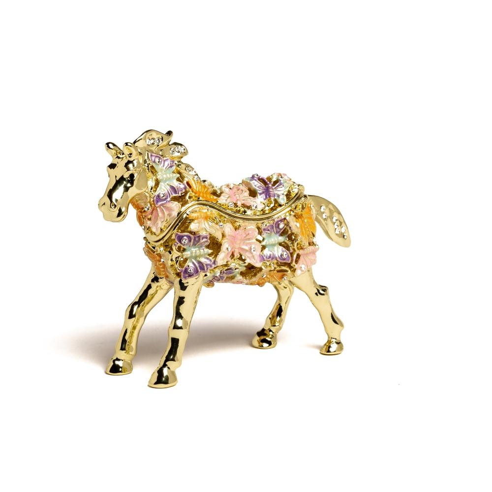 Golden Horse trinket box adorned with butterflies and Austrian crystals, showcasing intricate enamel painting and luxurious gold or silver plating.