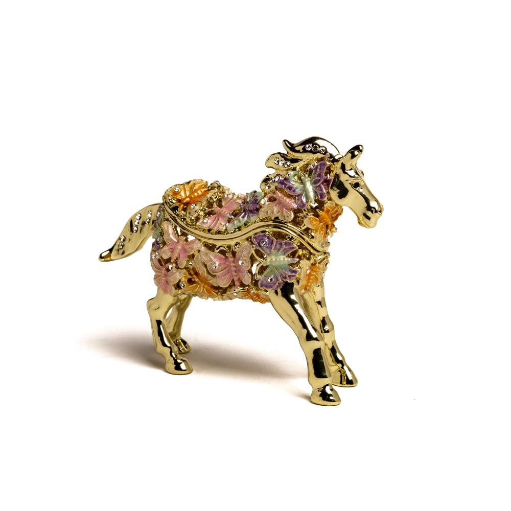 Golden Horse trinket box adorned with butterflies and Austrian crystals, showcasing intricate enamel painting and luxurious gold or silver plating.