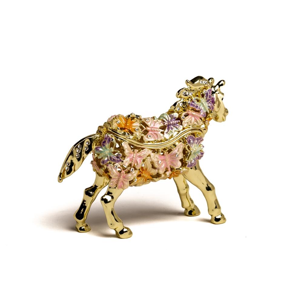 Golden Horse trinket box adorned with butterflies and Austrian crystals, showcasing intricate enamel painting and luxurious gold or silver plating.