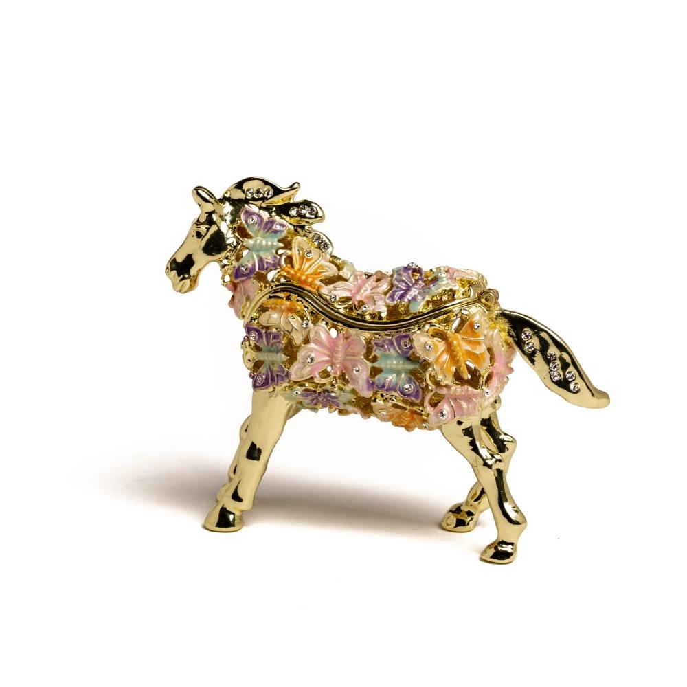 Golden Horse trinket box adorned with butterflies and Austrian crystals, showcasing intricate enamel painting and luxurious gold or silver plating.