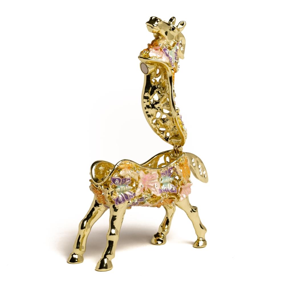 Golden Horse trinket box adorned with butterflies and Austrian crystals, showcasing intricate enamel painting and luxurious gold or silver plating.