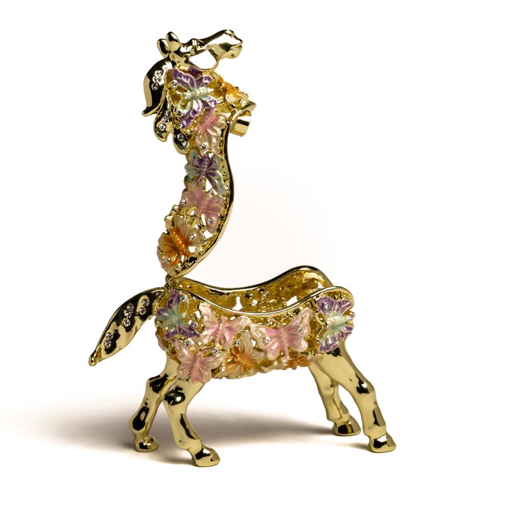 Golden Horse trinket box adorned with butterflies and Austrian crystals, showcasing intricate enamel painting and luxurious gold or silver plating.